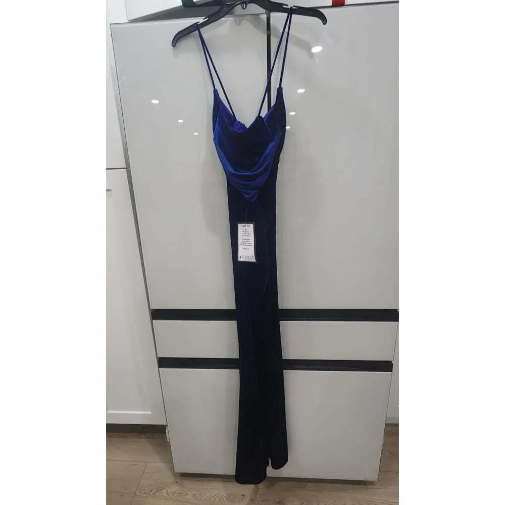 Blondie Nites Royal Blue Velvet Spaghetti Strap Gown Fitted Size 9 Draped Back D - Picture 4 of 6